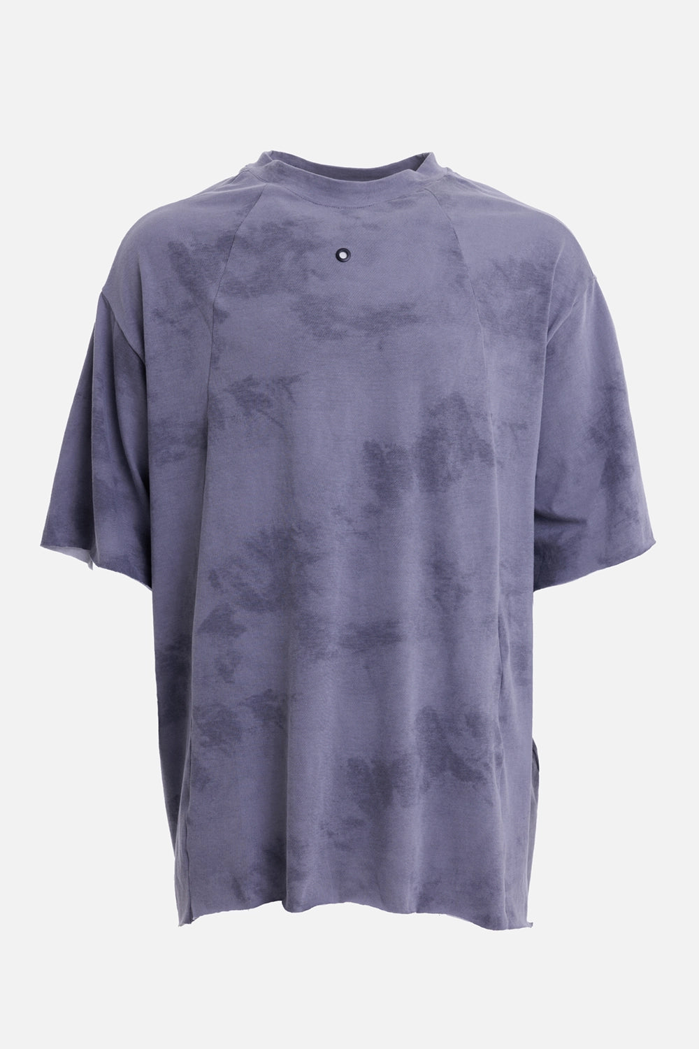 Justin Gall men's over base T-shirt in blotch grey, front view with chest eyelet and panel seams
