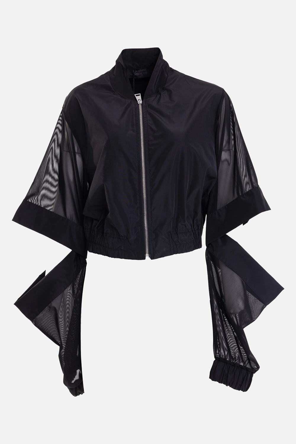 La Haine Inside Us women's bomber jacket in black, front view, silver zip and sheer tulle sleeve panels