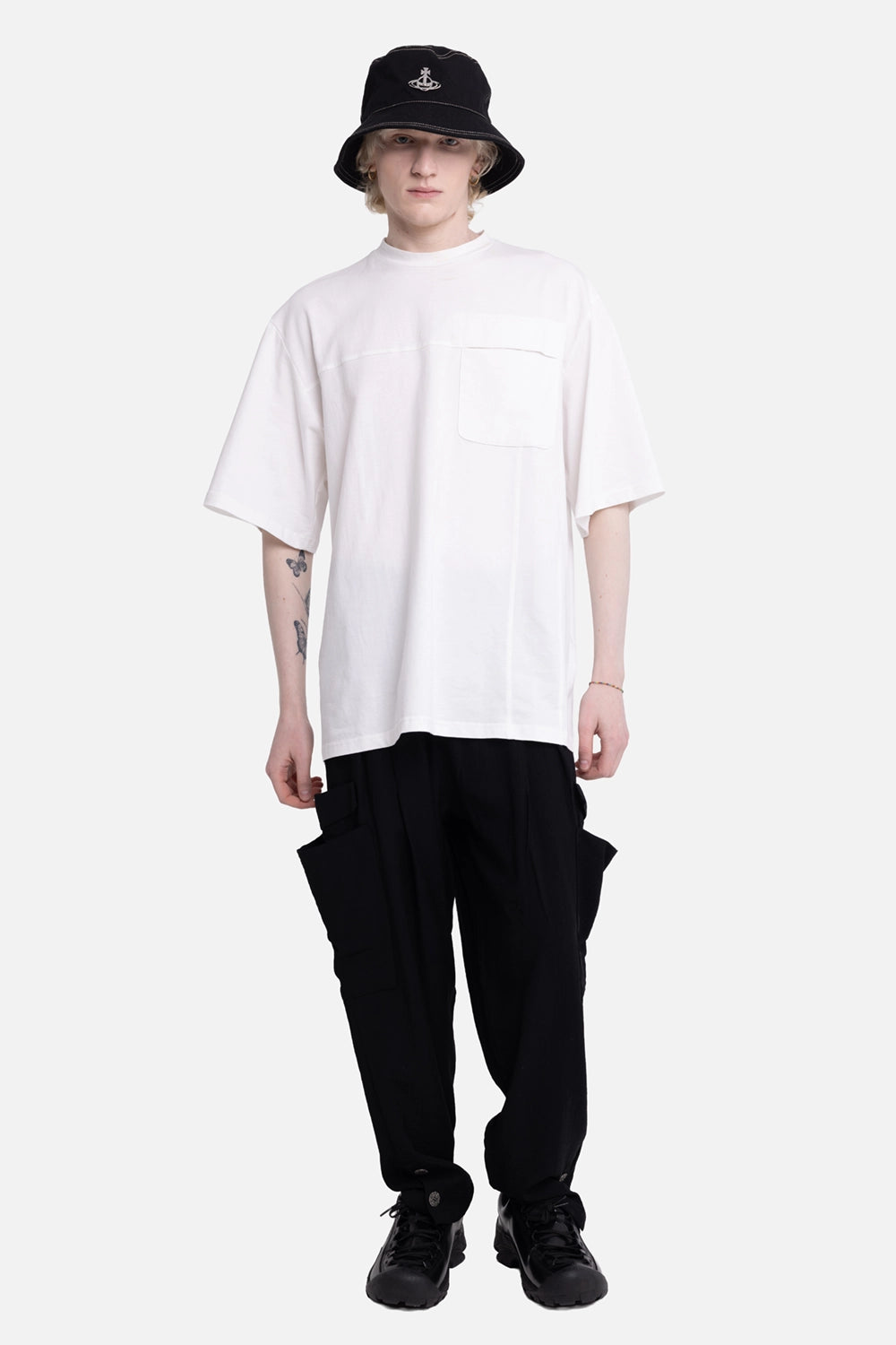 La Haine Inside Us men's over T-shirt in white, on-model full-length with boxy sleeves and chest pocket