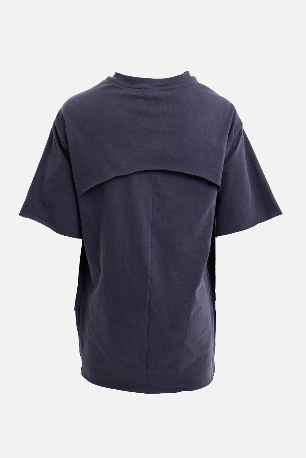 Justin Gall men's over tee in black, back view with floating yoke panel and central rear seam
