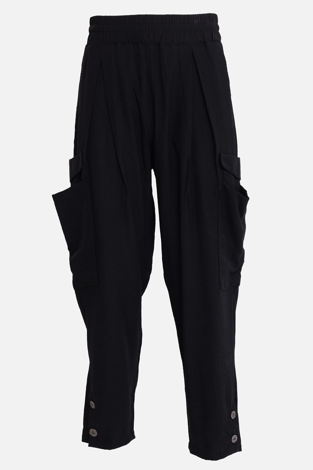 La Haine Inside Us men's over trousers in black, front view with cargo pockets and metal buttoned hems