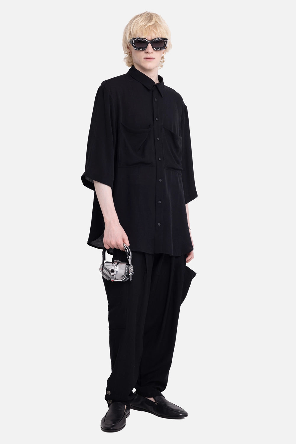 La Haine Inside Us men's overshirt in black, on-model full-length, wide half sleeves and patch pockets