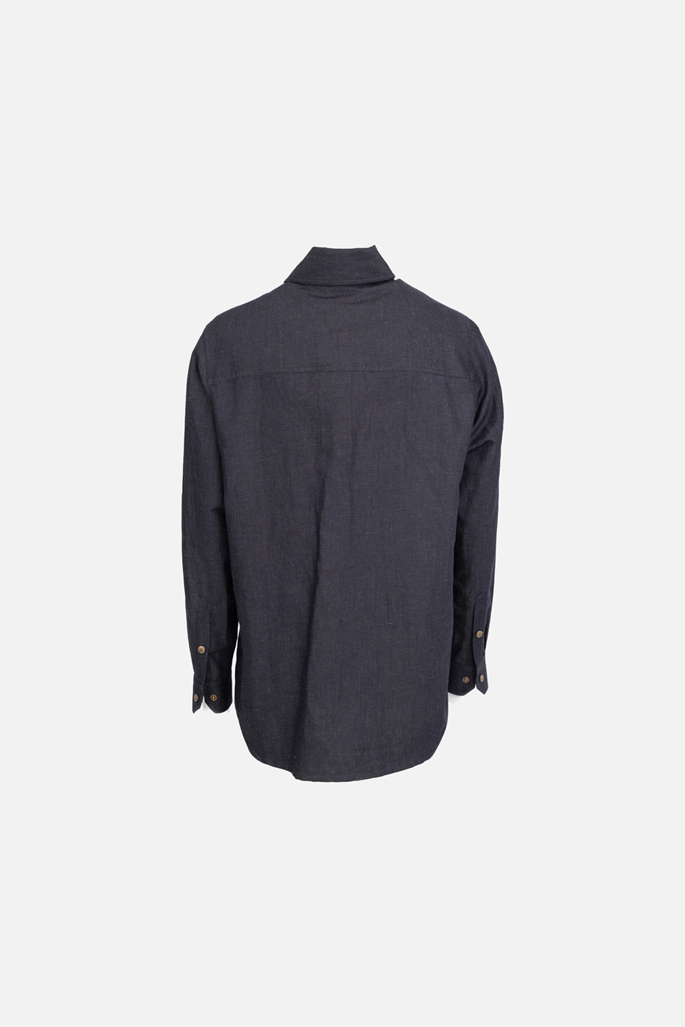 Vivienne Westwood men’s overshirt in navy, back view, chambray texture with curved back yoke seam