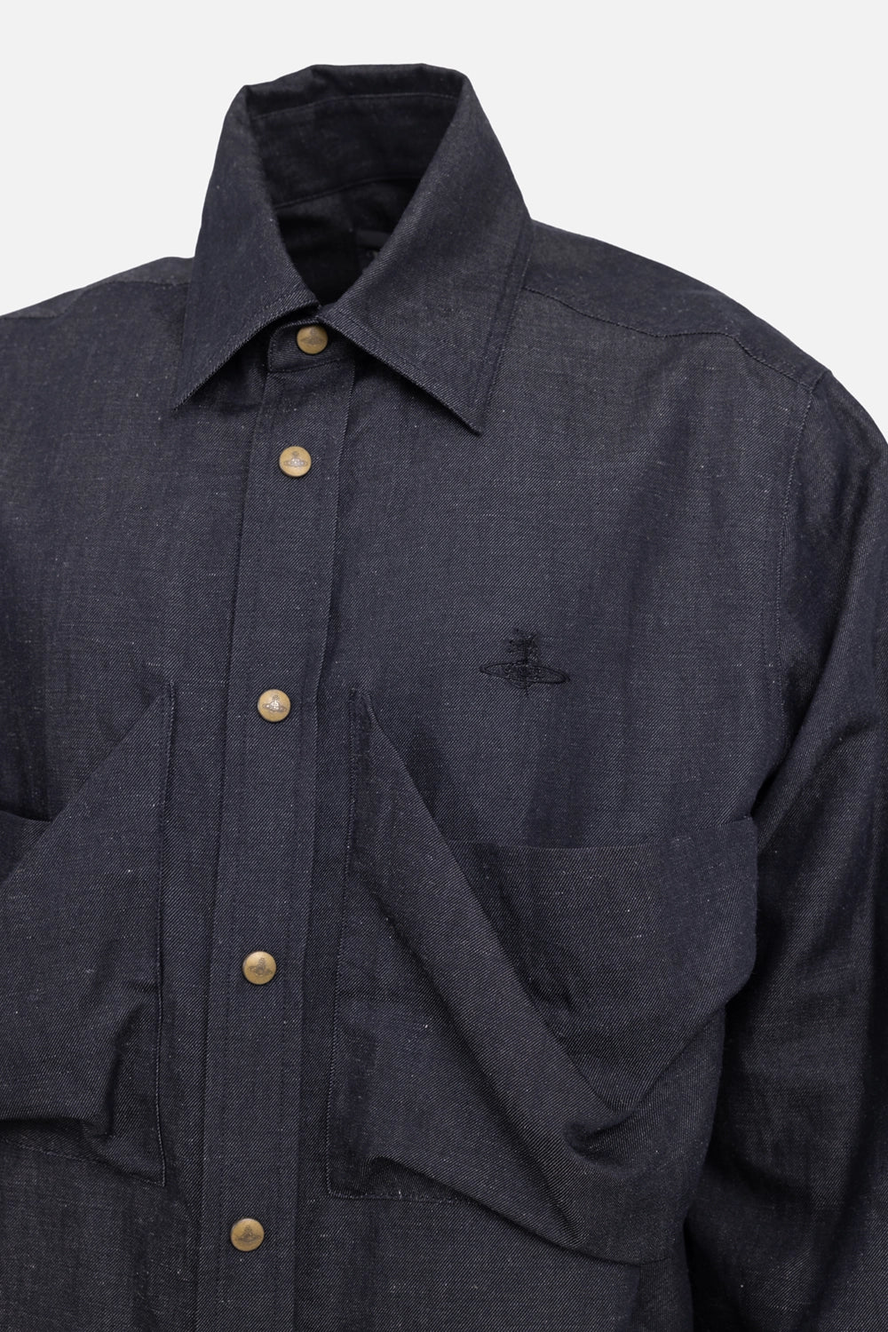 Vivienne Westwood men’s overshirt in navy, collar detail, brass-tone buttons and tonal orb embroidery