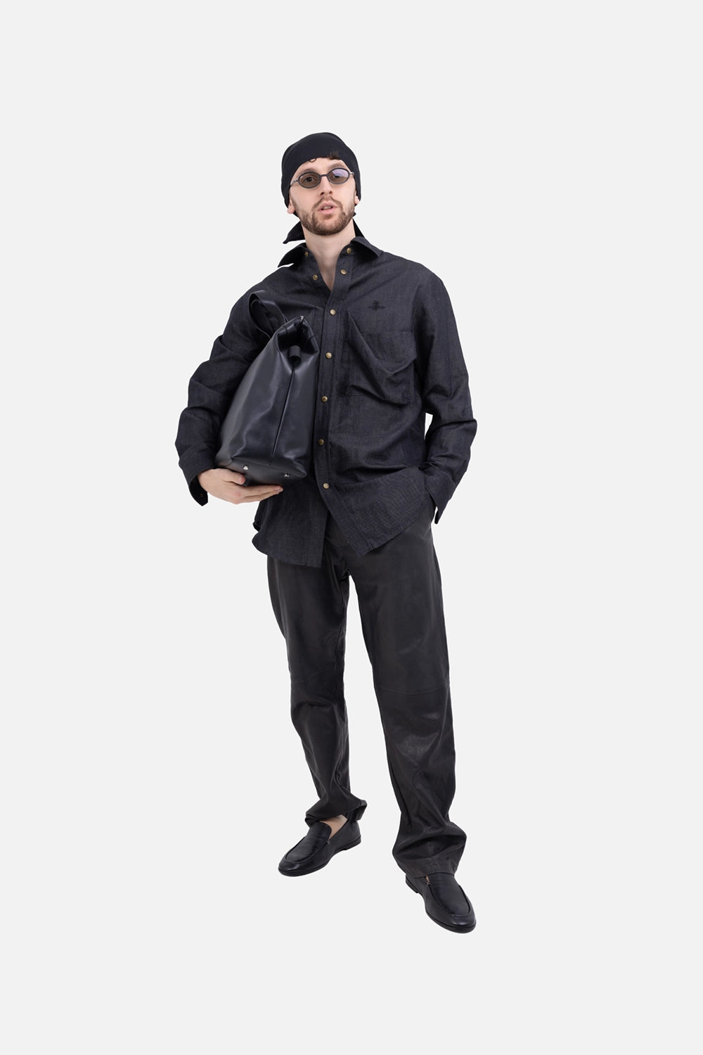 Vivienne Westwood men’s overshirt in navy, on-model full length, oversized fit with pleated chest pockets