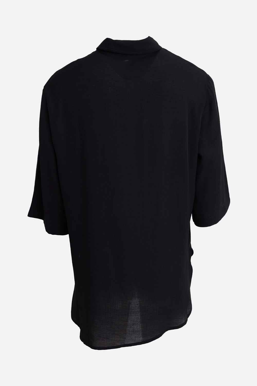 La Haine Inside Us men's overshirt in black, back view, curved hem and semi-sheer crinkled fabric