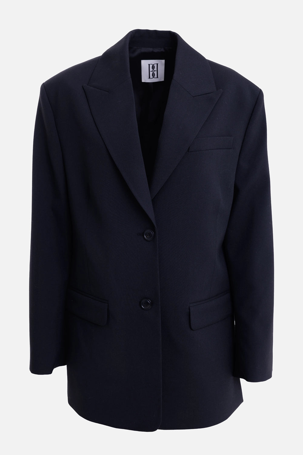 By Malene Birger women's oversized blazer in Black, front view with notched lapels and two-button closure
