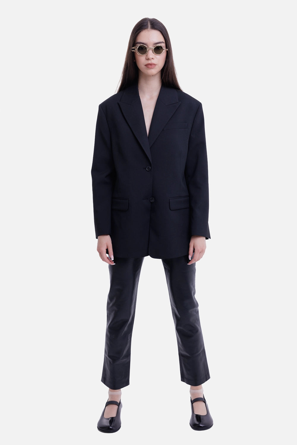 By Malene Birger women's oversized blazer in Black, on-model full-length view with structured shoulders