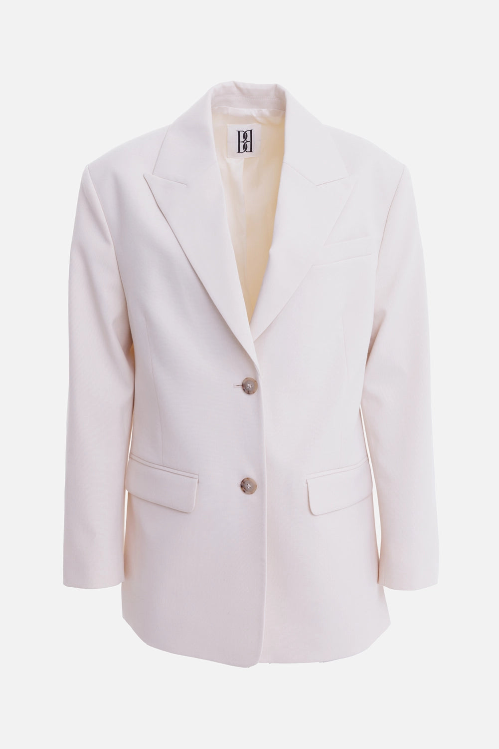 By Malene Birger women's oversized blazer in Soft White, front view with notched lapels and two-button closure