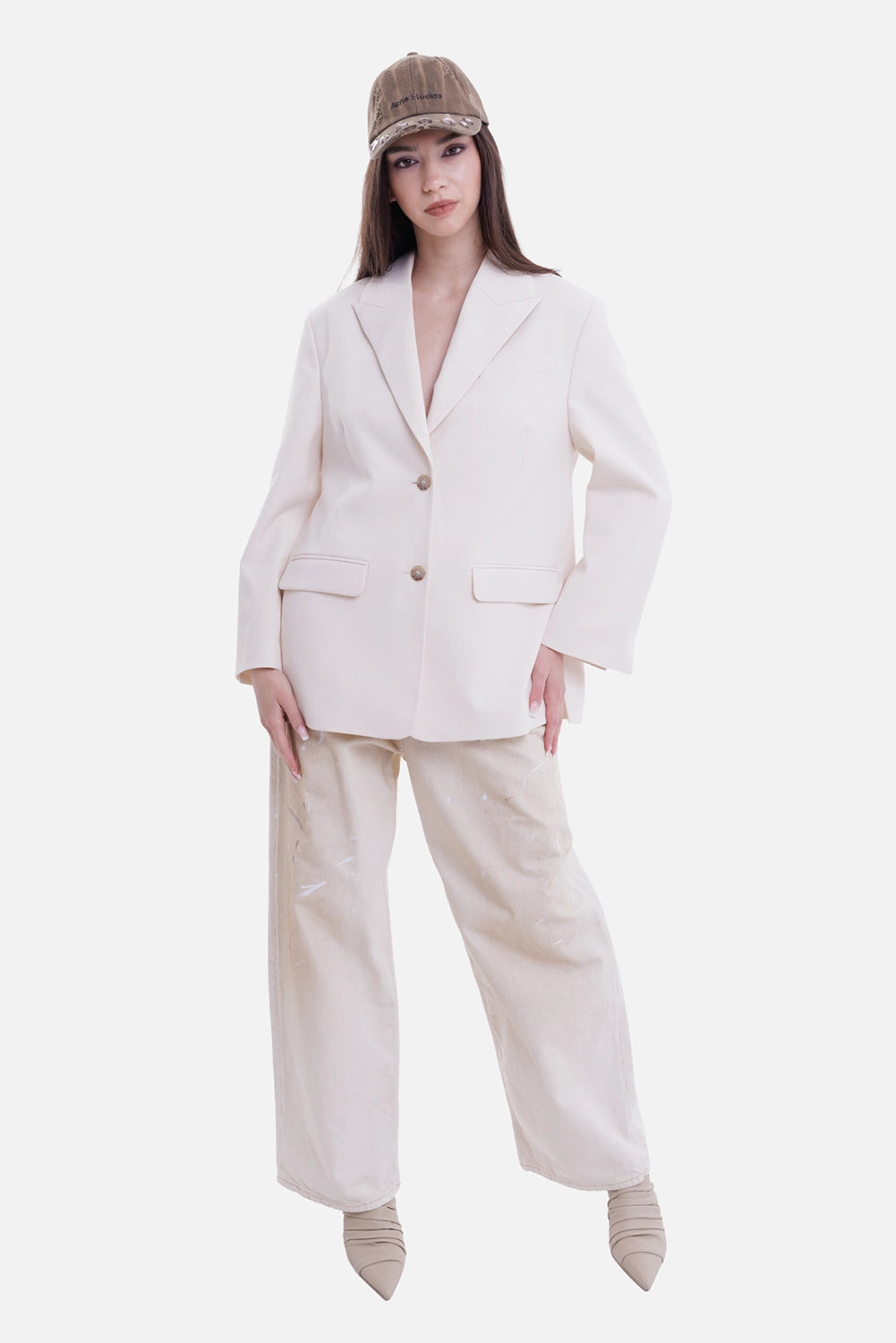 By Malene Birger women's oversized blazer in Soft White, on-model full-length view with structured shoulders