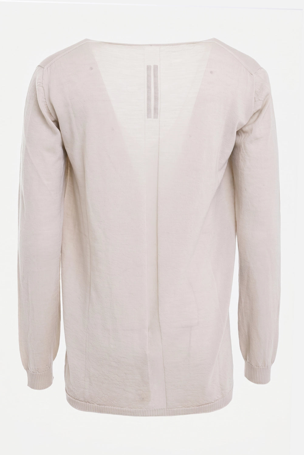 Rick Owens men's sweater in sand, back view with centered spine seam and ribbed cuffs
