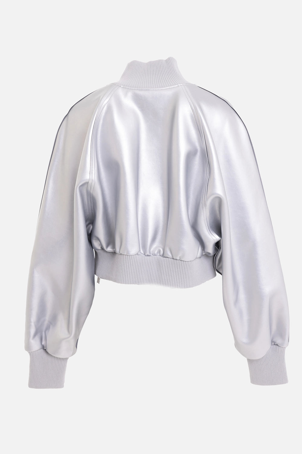 Norma Kamali women's bomber jacket in silver, back view, raglan seams and ribbed hem