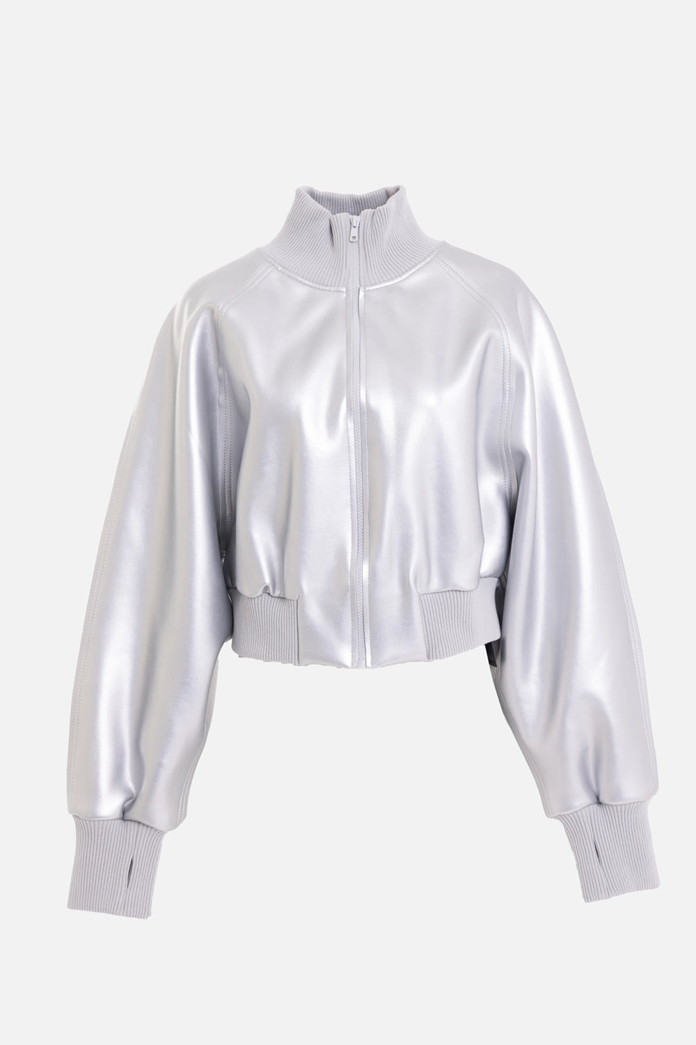 Norma Kamali women's bomber jacket in silver, front view, ribbed turtleneck and zip front