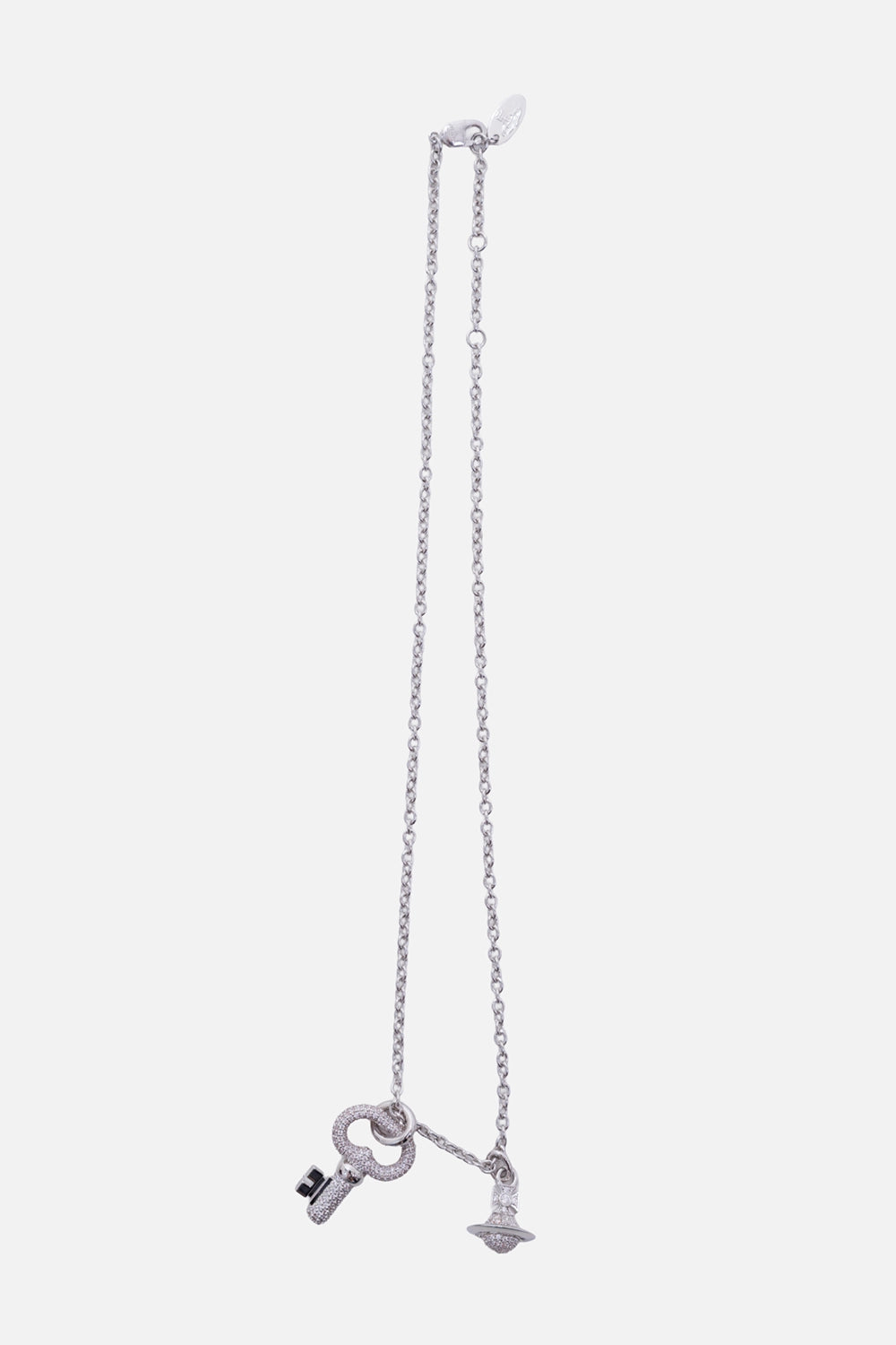 Vivienne Westwood women's Ovidia necklace in platinum, full view with pavé key, Orb charm and adjustable chain