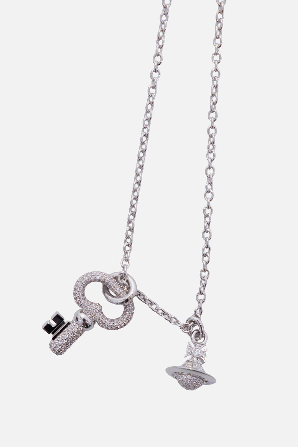 Vivienne Westwood women's Ovidia necklace in platinum, close-up with crystal key, black accent and Orb charm