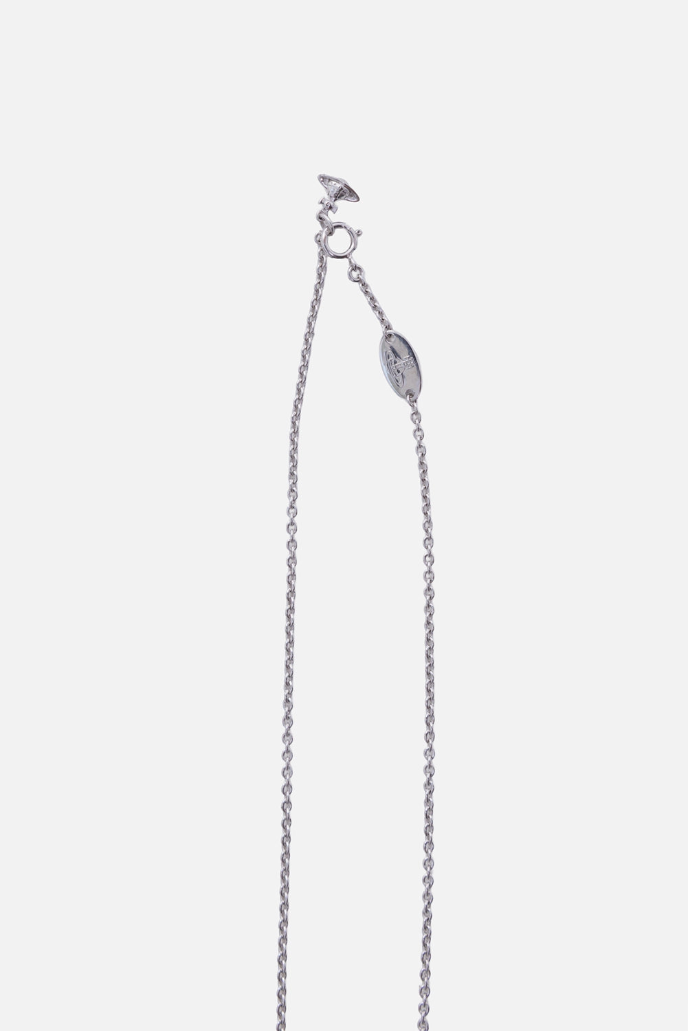 Vivienne Westwood men's Ovidio necklace in platinum tone, clasp close-up with round fastening and engraved tag