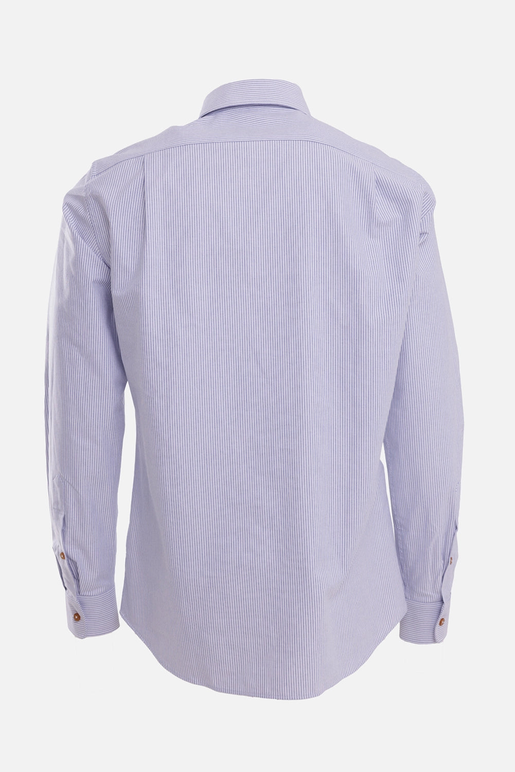 Vivienne Westwood men's Oxford shirt in Ink Stripe, back view with shoulder yoke and curved shirttail hem