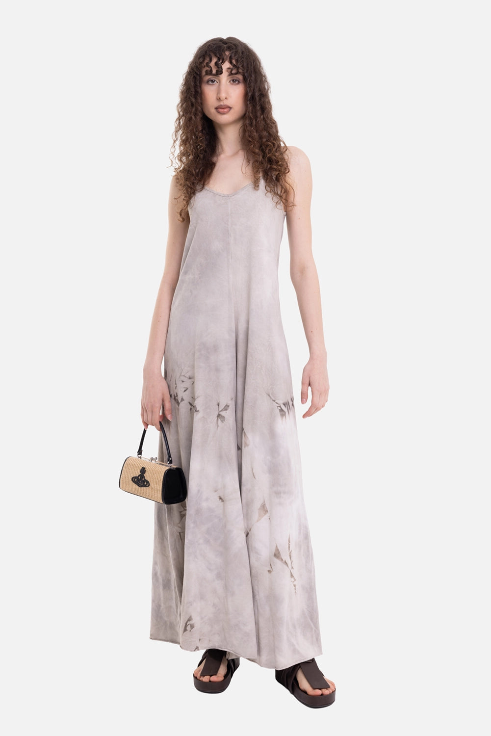 La Haine Inside Us women's jumpsuit in mud, on-model full-length view, wide legs and washed pattern