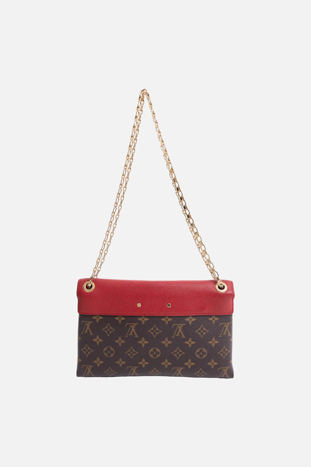 Pre-owned Louis Vuitton Pallas Chain bag in monogram brown/red, back view, monogram canvas panel with red leather top edge