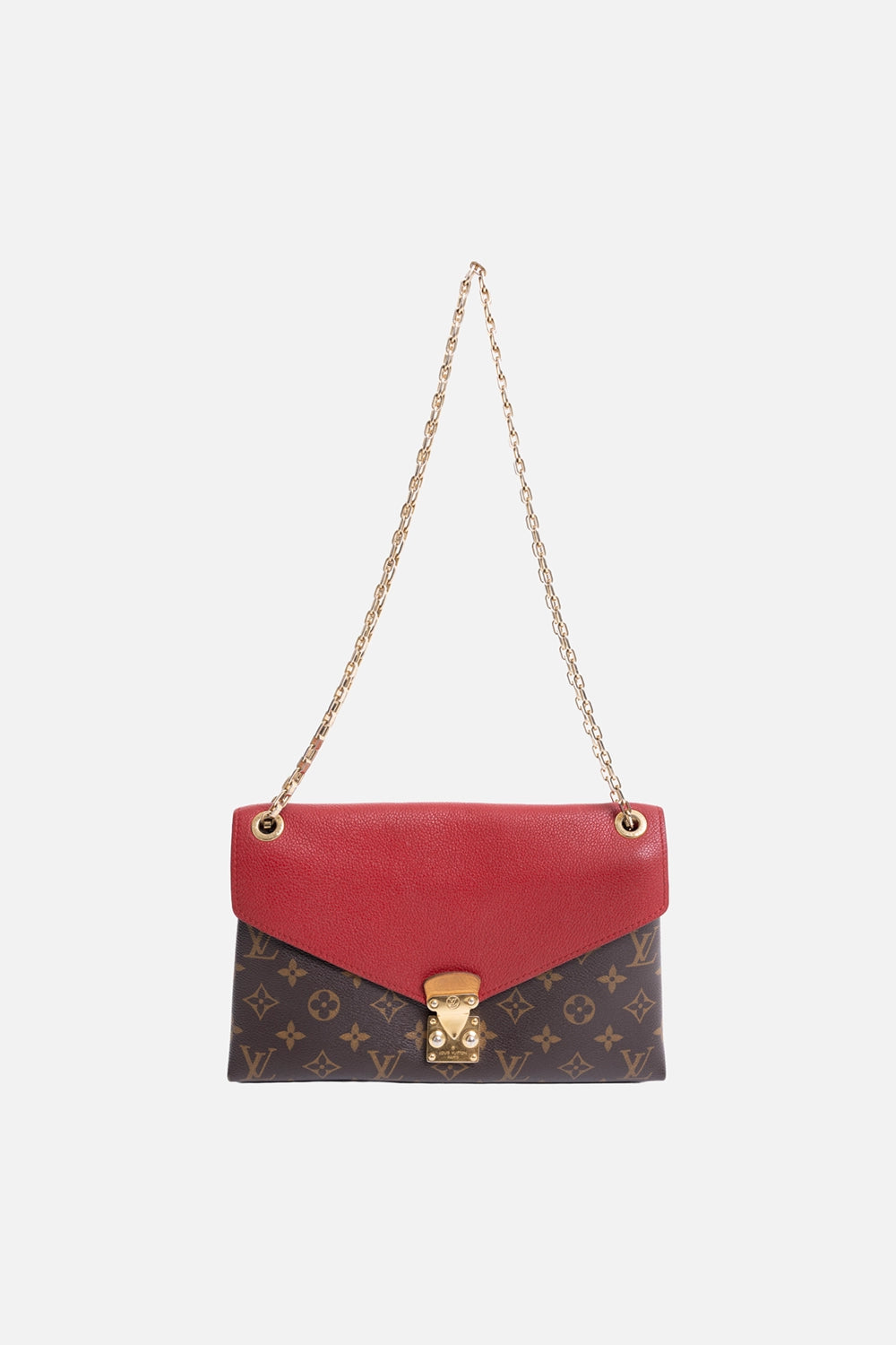Pre-owned Louis Vuitton Pallas Chain bag in monogram brown/red, front view, red leather flap with gold-tone clasp