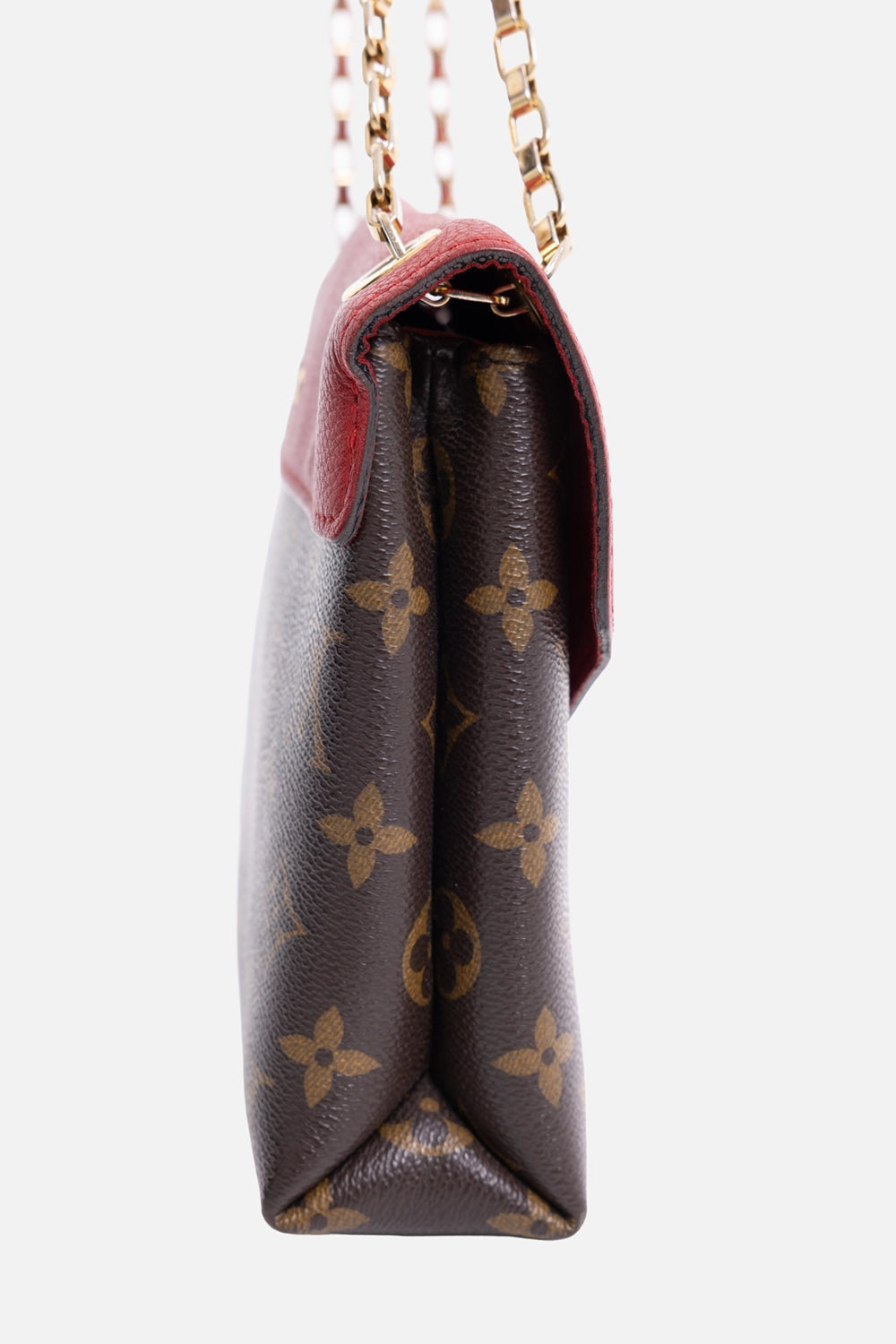 Pre-owned Louis Vuitton Pallas Chain bag in monogram brown/red, side view, gusseted profile with gold-tone chain attachment