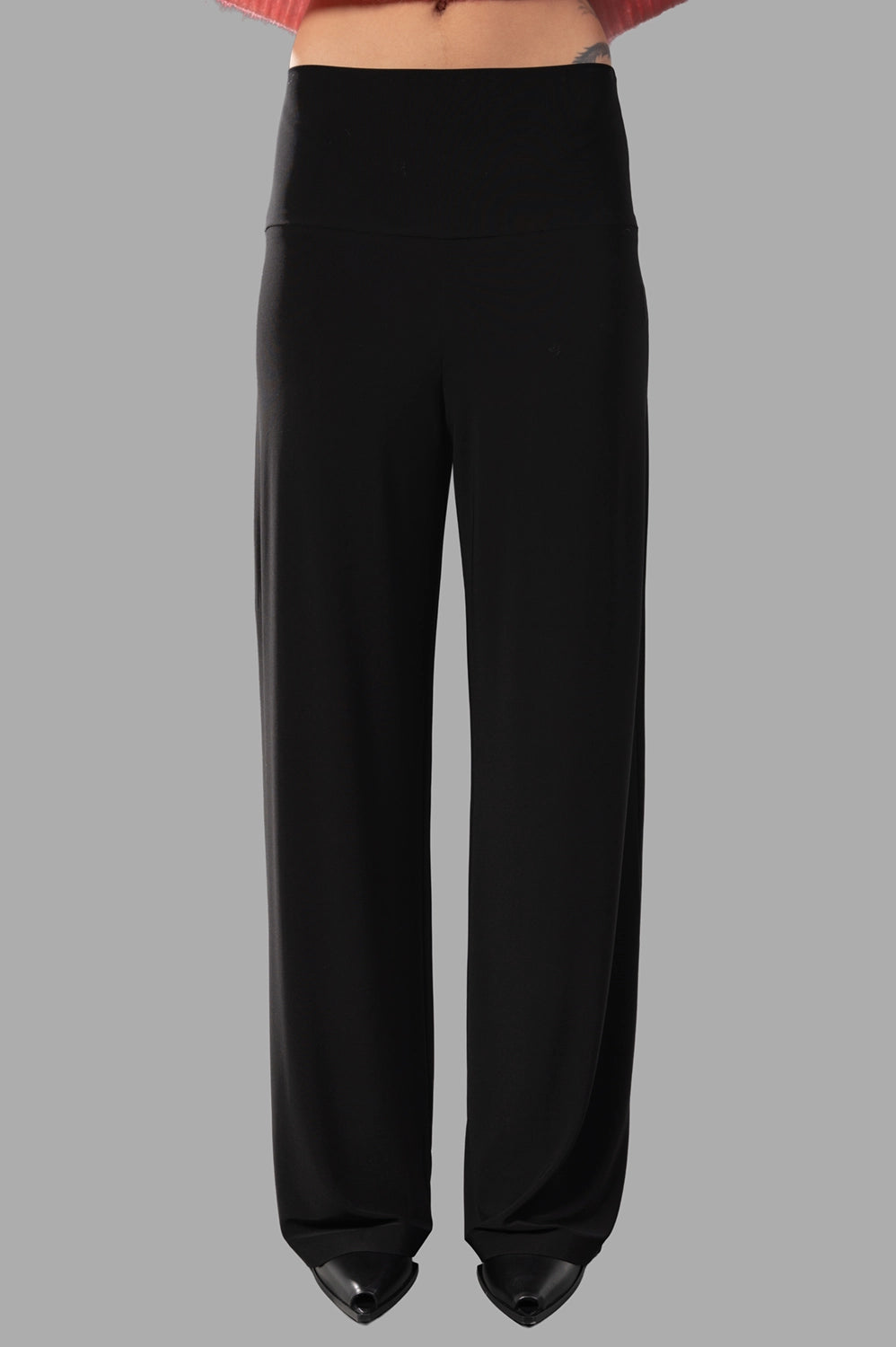 Norma Kamali straight leg pant in black, front view, elastic waistband and draped fabric