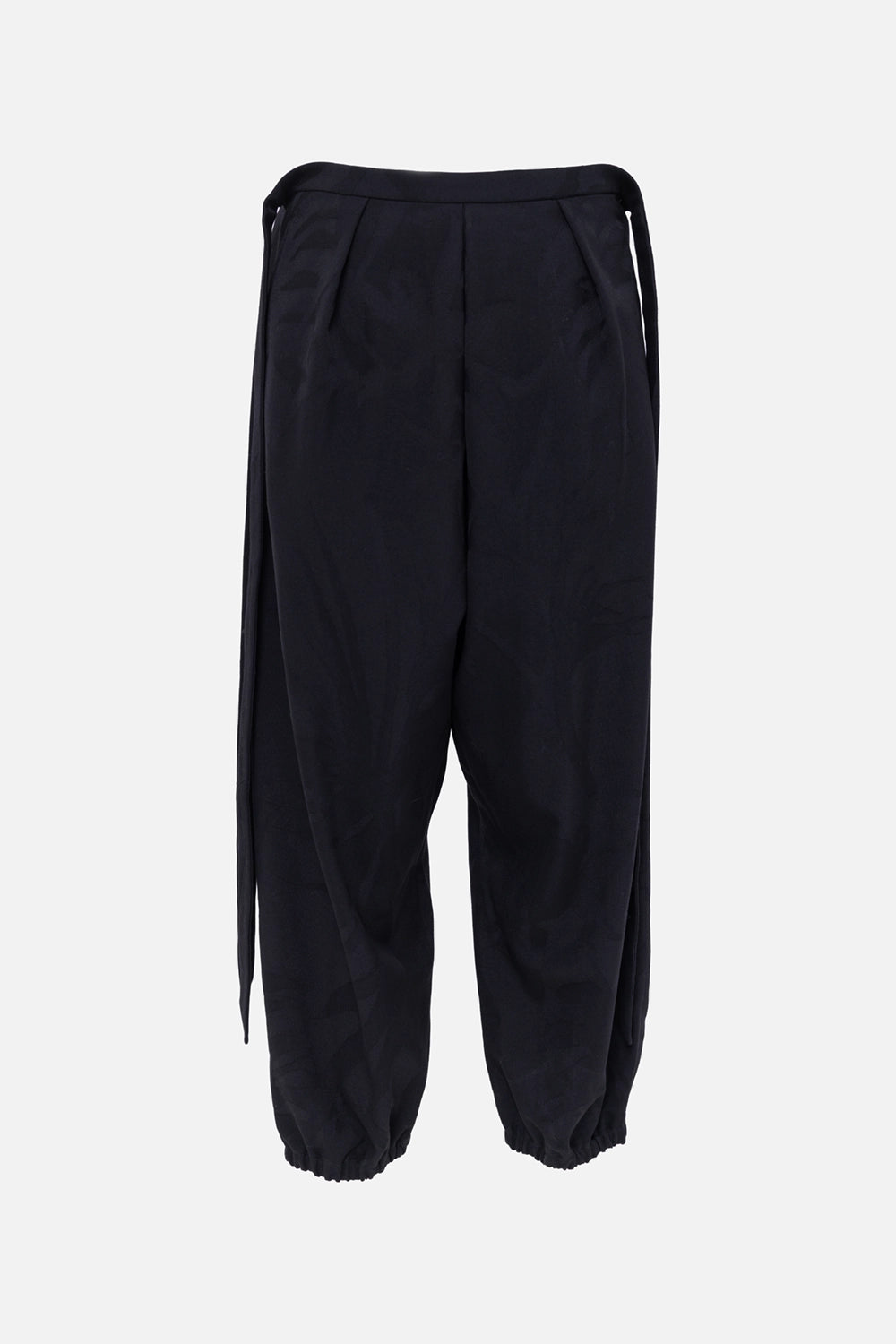 Pre-owned Saint Laurent women's pants in black, front view, long side tie straps and pleated waist