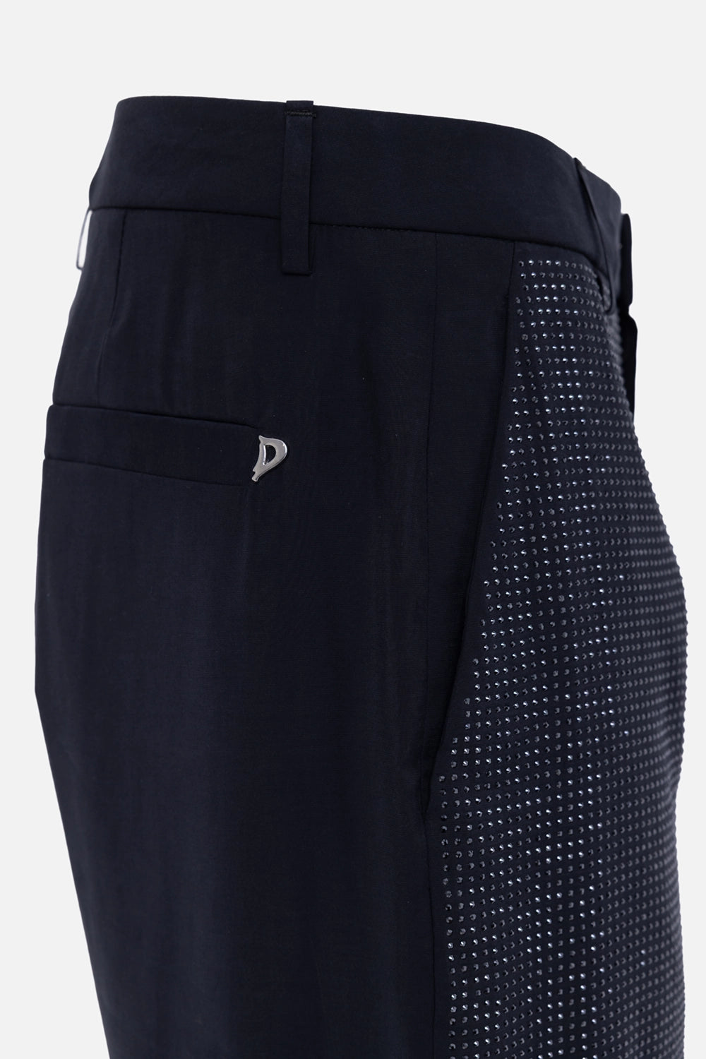 Pre-owned Dondup women's pants in black, side detail, silver-tone D logo plaque and rhinestone panel