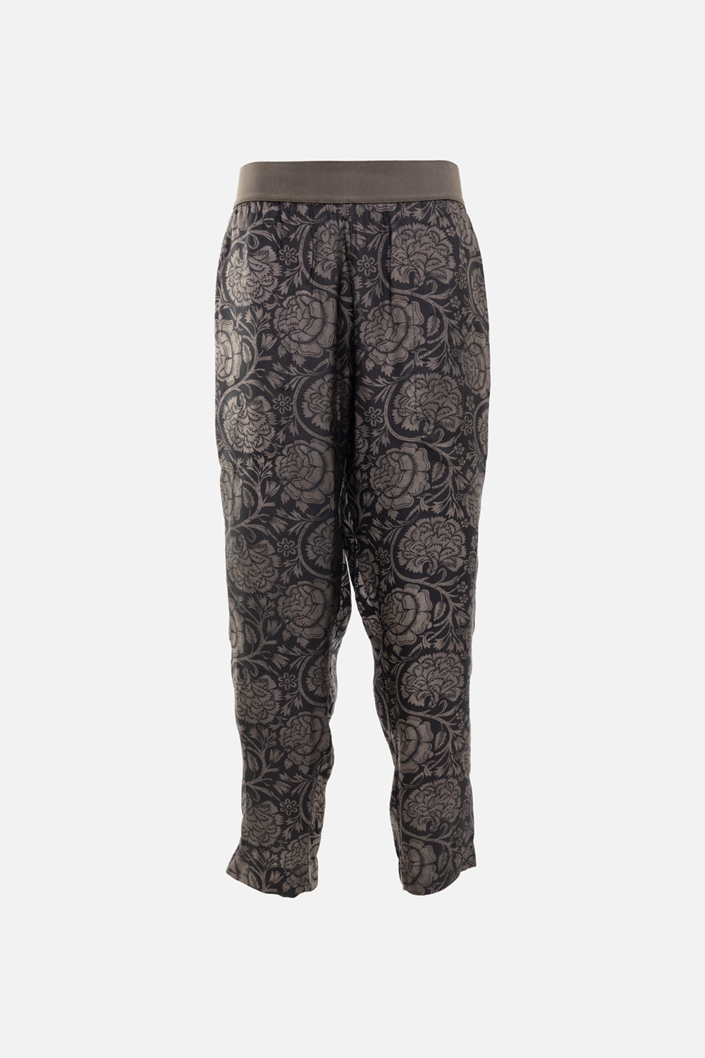 Uma Wang women’s pants in black and tan, front view, floral print with wide elastic waistband
