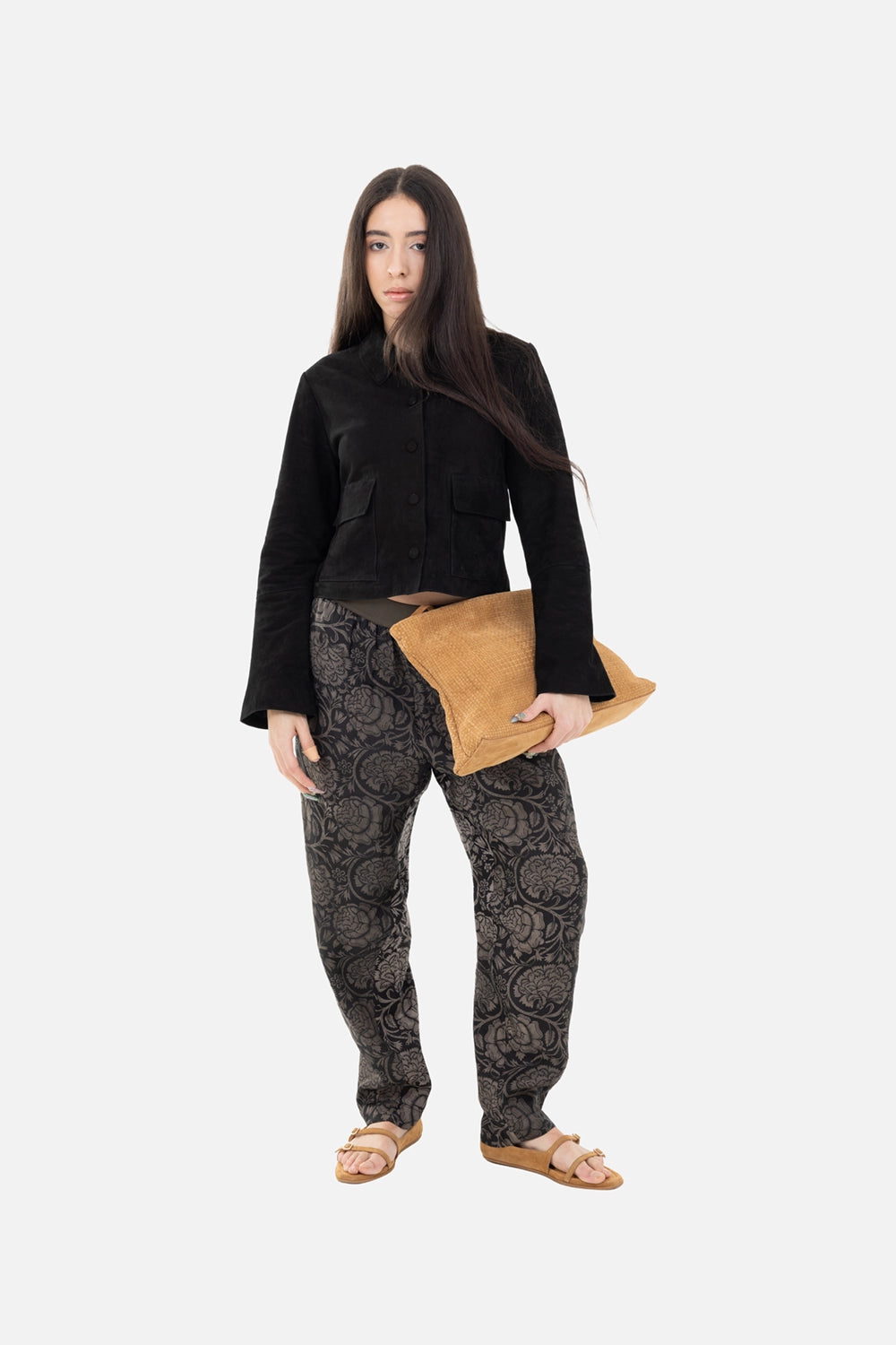 Uma Wang women’s pants in black and tan, on-model full-length, floral print styled with cropped black jacket
