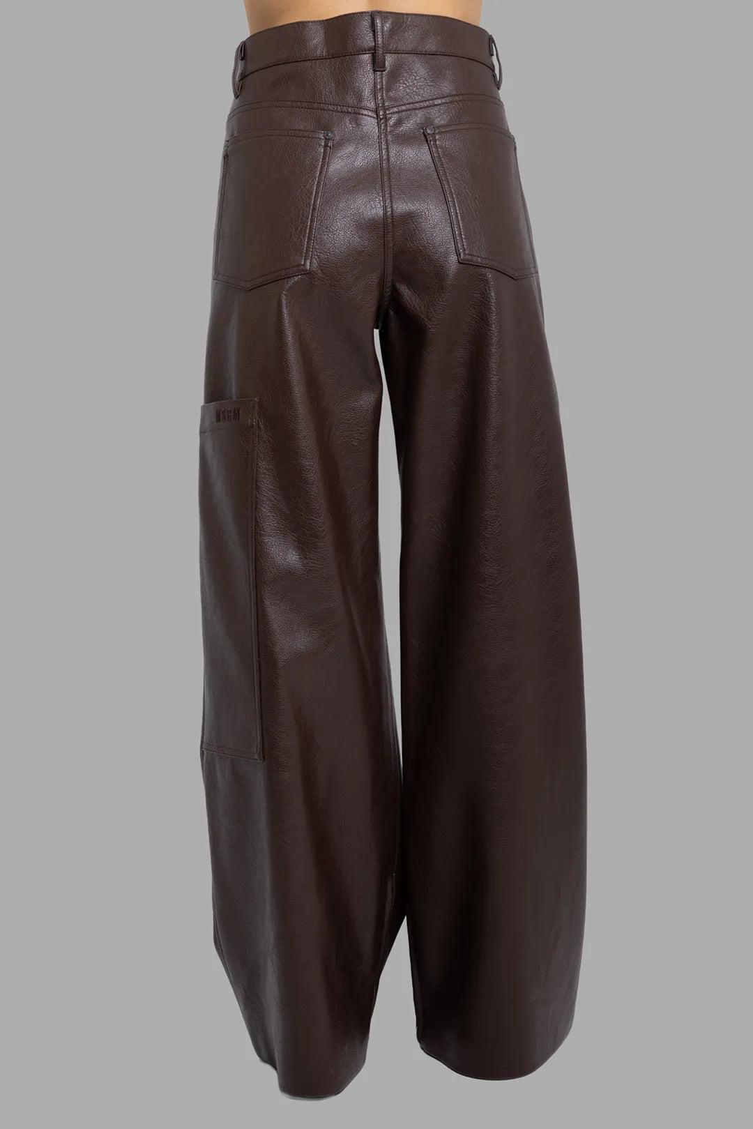 MSGM women's dark brown faux leather wide-leg pants, back view, patch pockets and wide hem.