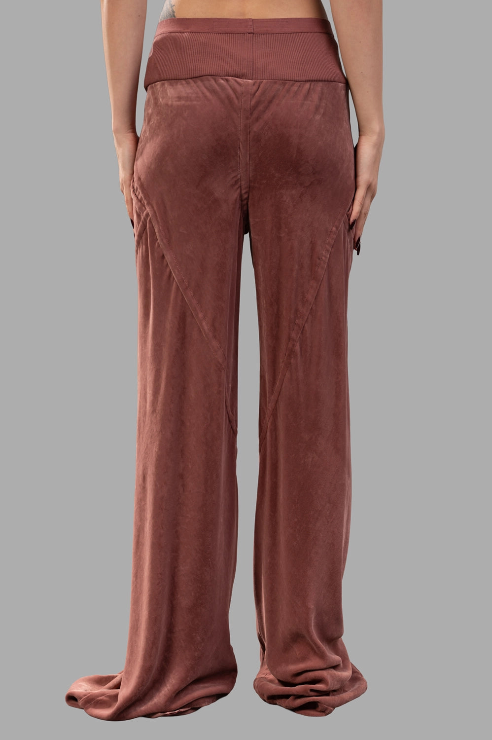Rick Owens pants in rosewood, back view, wide leg with wraparound seamwork