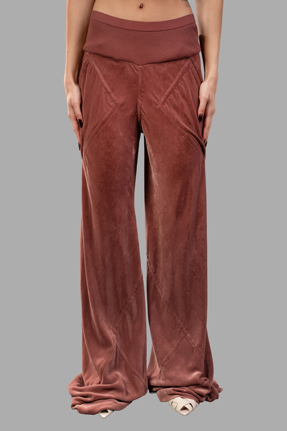 Rick Owens pants in rosewood, front view, ribbed waistband and diagonal bias seams