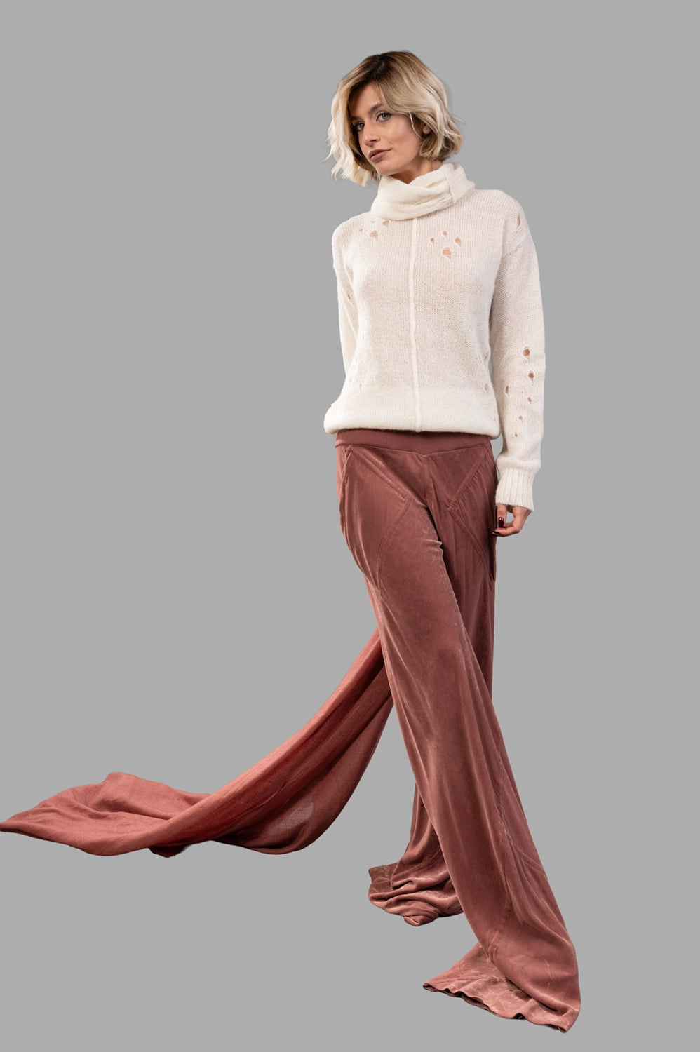 Rick Owens pants in rosewood, on-model full length, wide leg with puddled raw hems