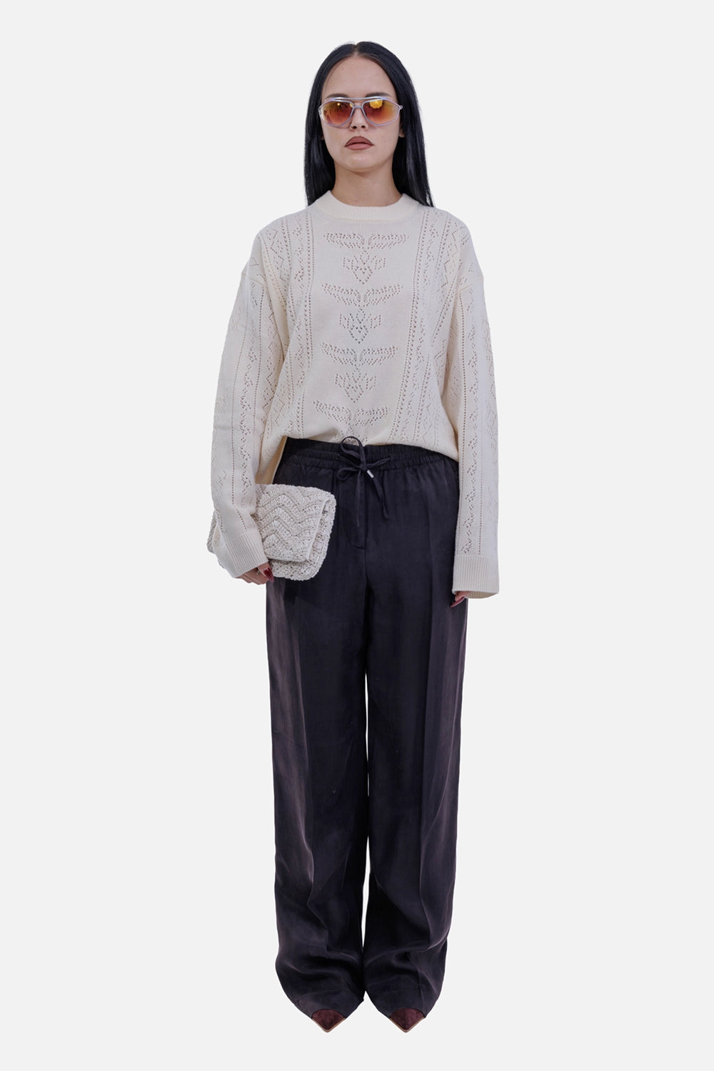 Helmut Lang women's Truffle pants, full-length model view with drawstring waist and fluid wide legs