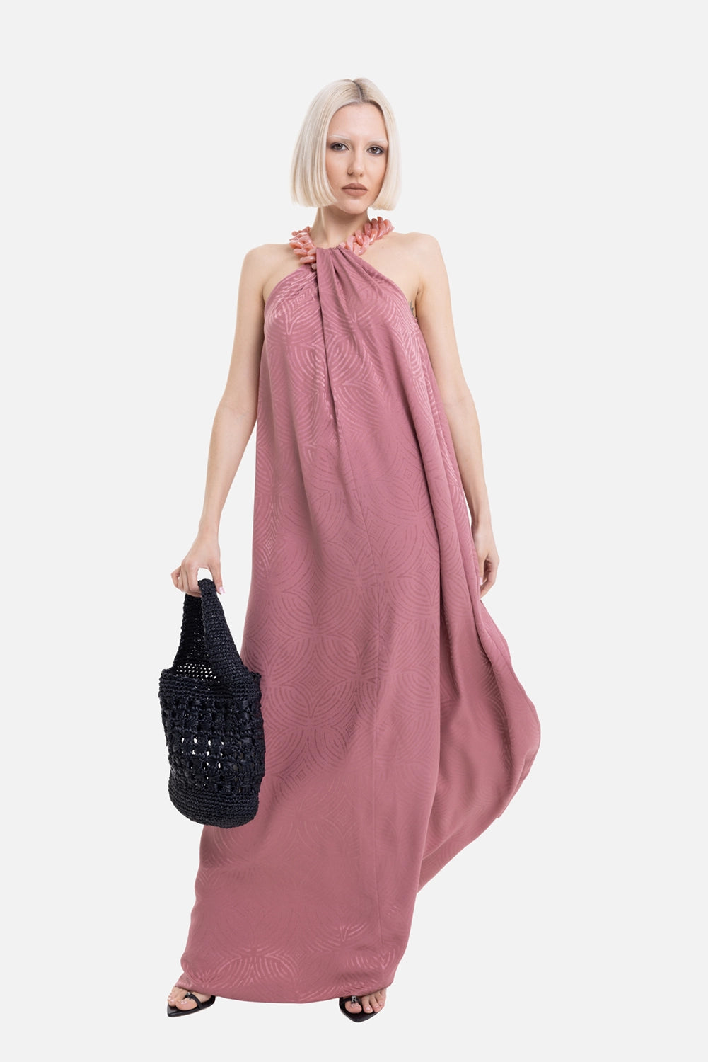 JOSEPH women's Parc dress in Musk, on-model full-length view, A-line shape and resin chain neck