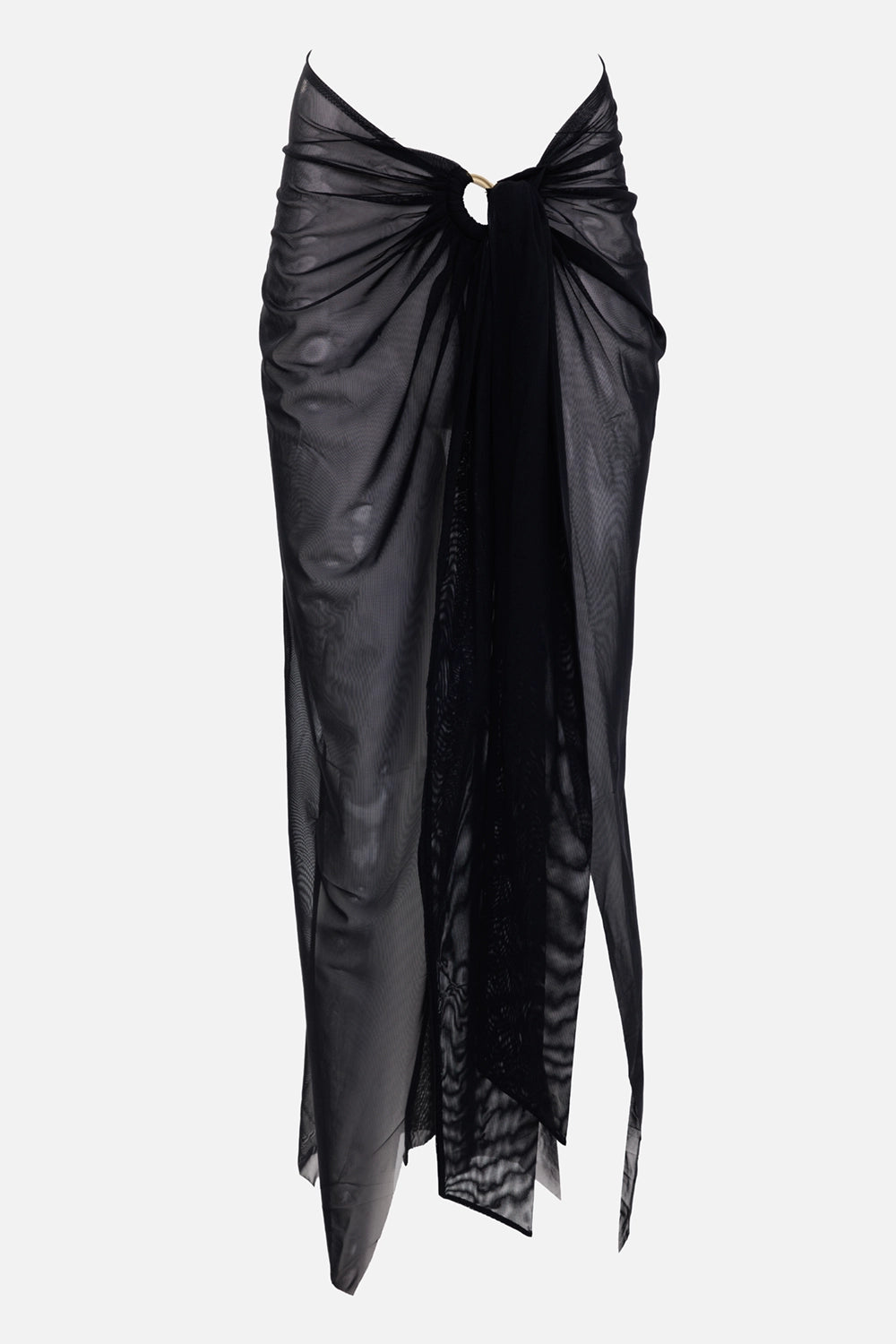 Fisico women's sheer pareo skirt in black, front view, gold ring detail and long draped panels