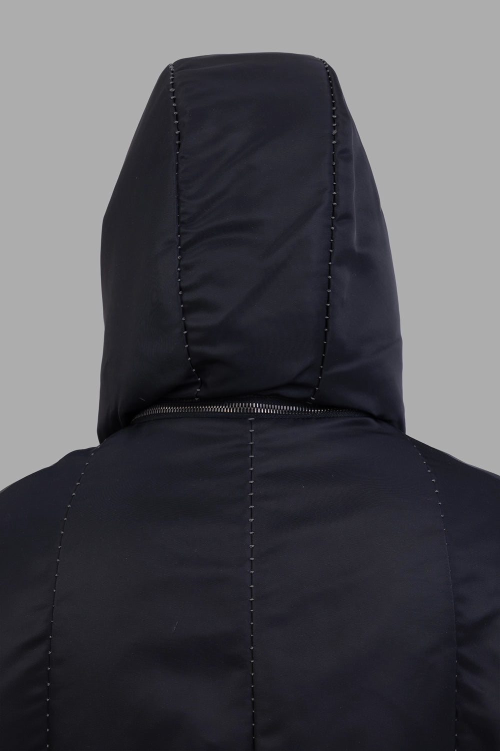 Masnada women parka in black, hood detail, back zip and scar-stitch seams