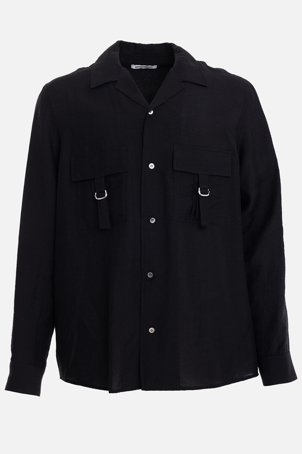 ATTACHMENT men's open-collar shirt in black, front view, double flap chest pockets with D-ring tabs