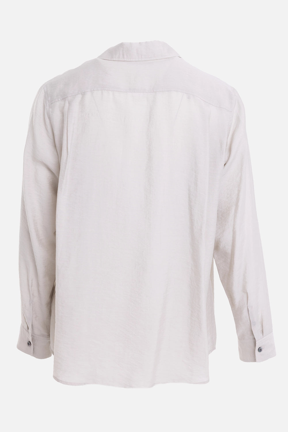 ATTACHMENT men's open-collar shirt in khaki gray, back view, clean yoke and softly curved hem
