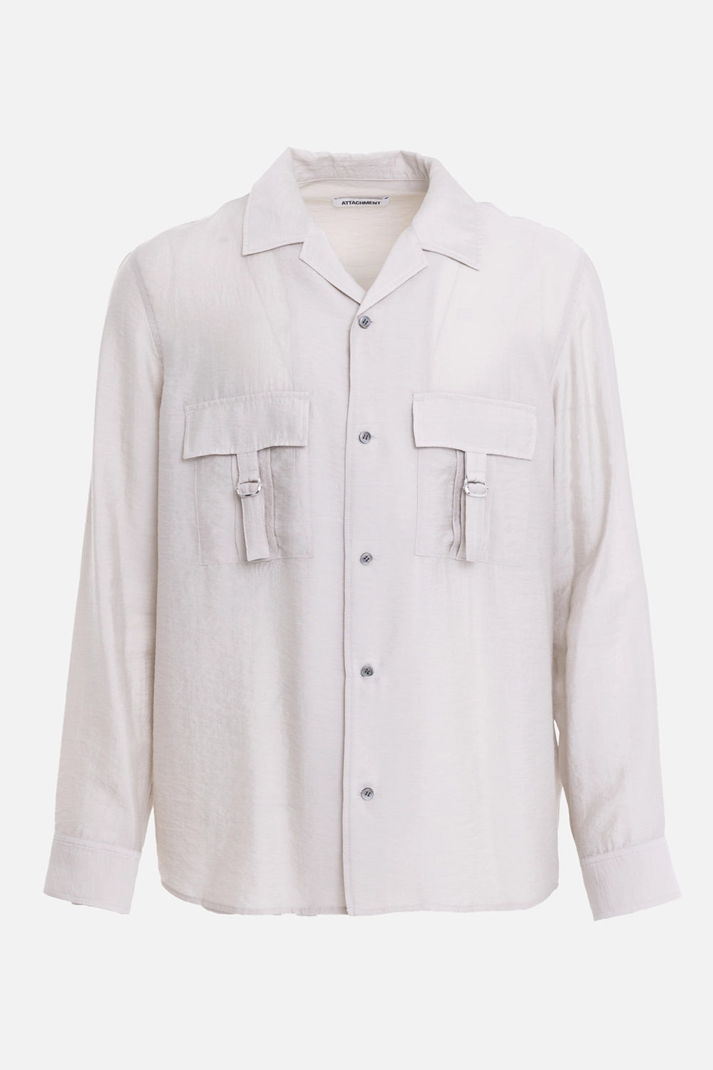 ATTACHMENT men's open-collar shirt in khaki gray, front view, double flap pockets and D-ring tabs