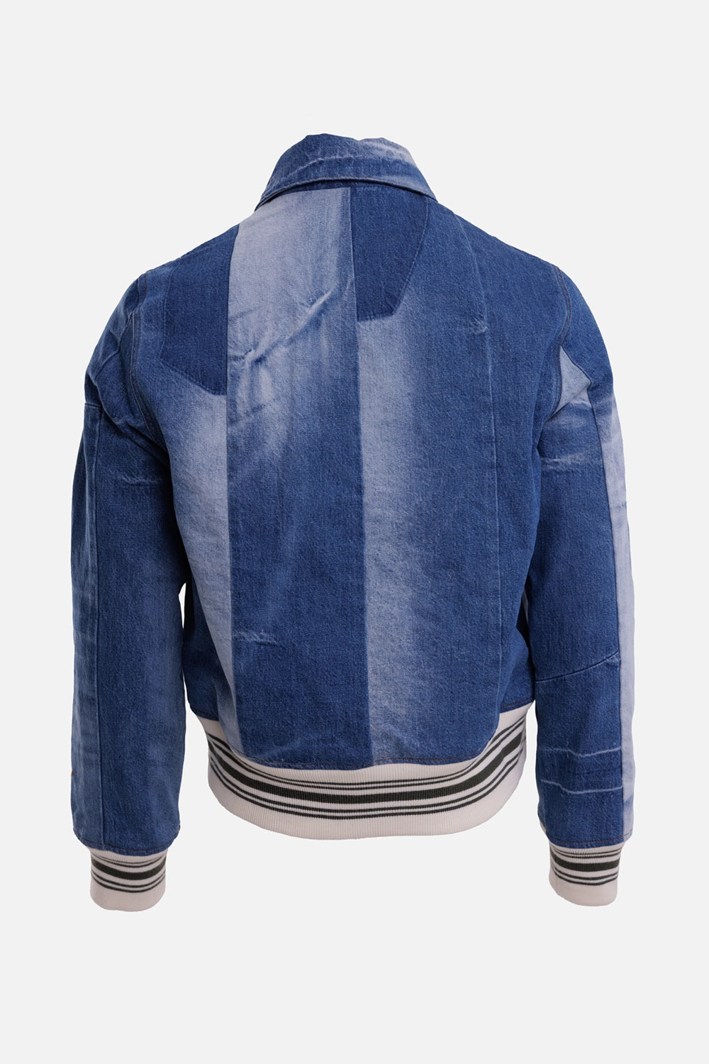 KENZO unisex patchwork blouson in Stone Bleached Blue Denim, back view with alternating washed denim panels