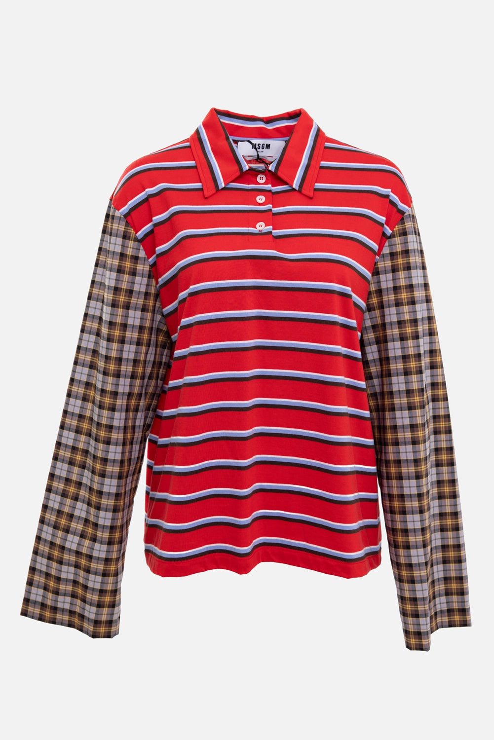 MSGM women's patchwork jersey polo in red/multi, front view, buttoned collar and long plaid sleeves