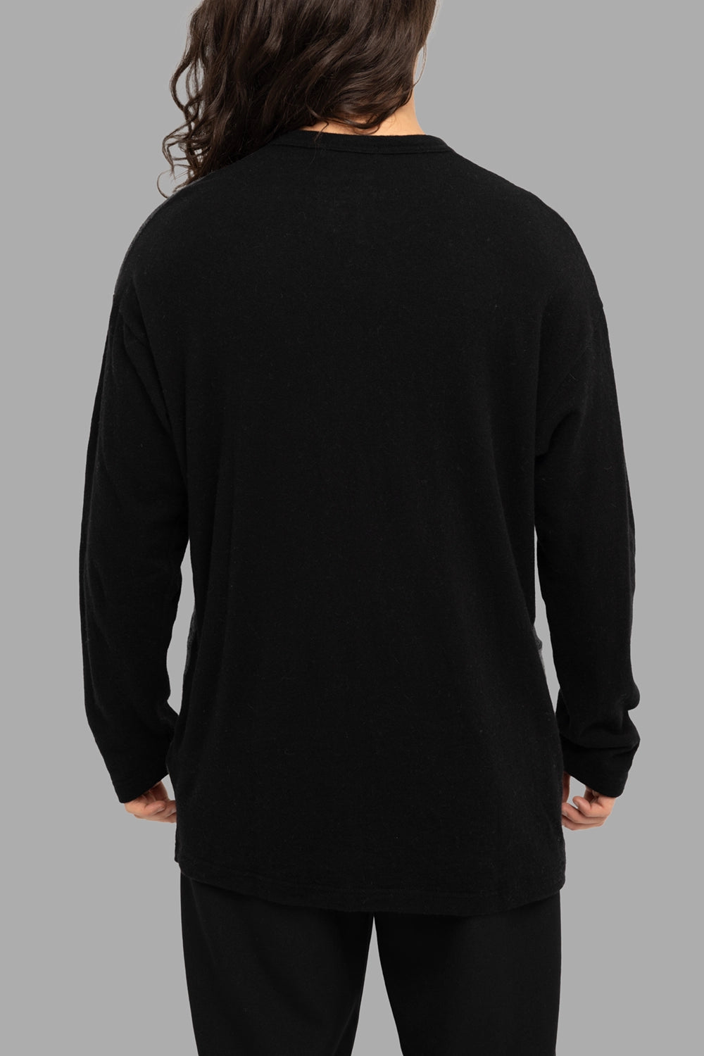 Comme des Garçons Homme men’s patchwork sweater in black/grey, back view, solid knit and long sleeves