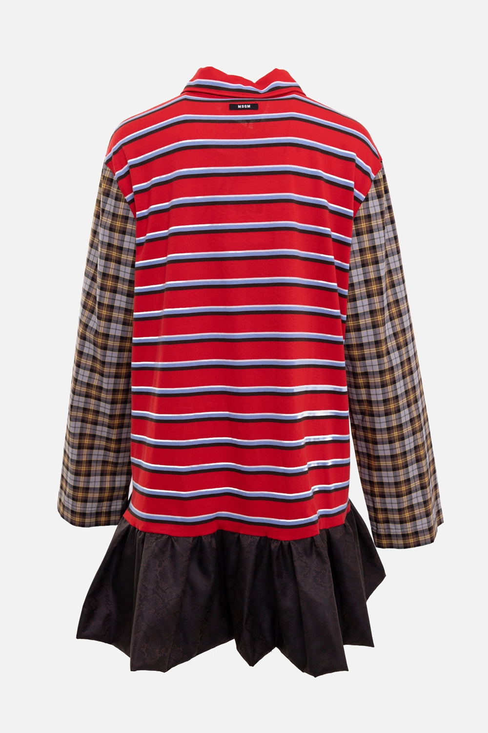 MSGM women's patchwork mini dress in red/multi, back view, neck logo patch and dark ruffle hem