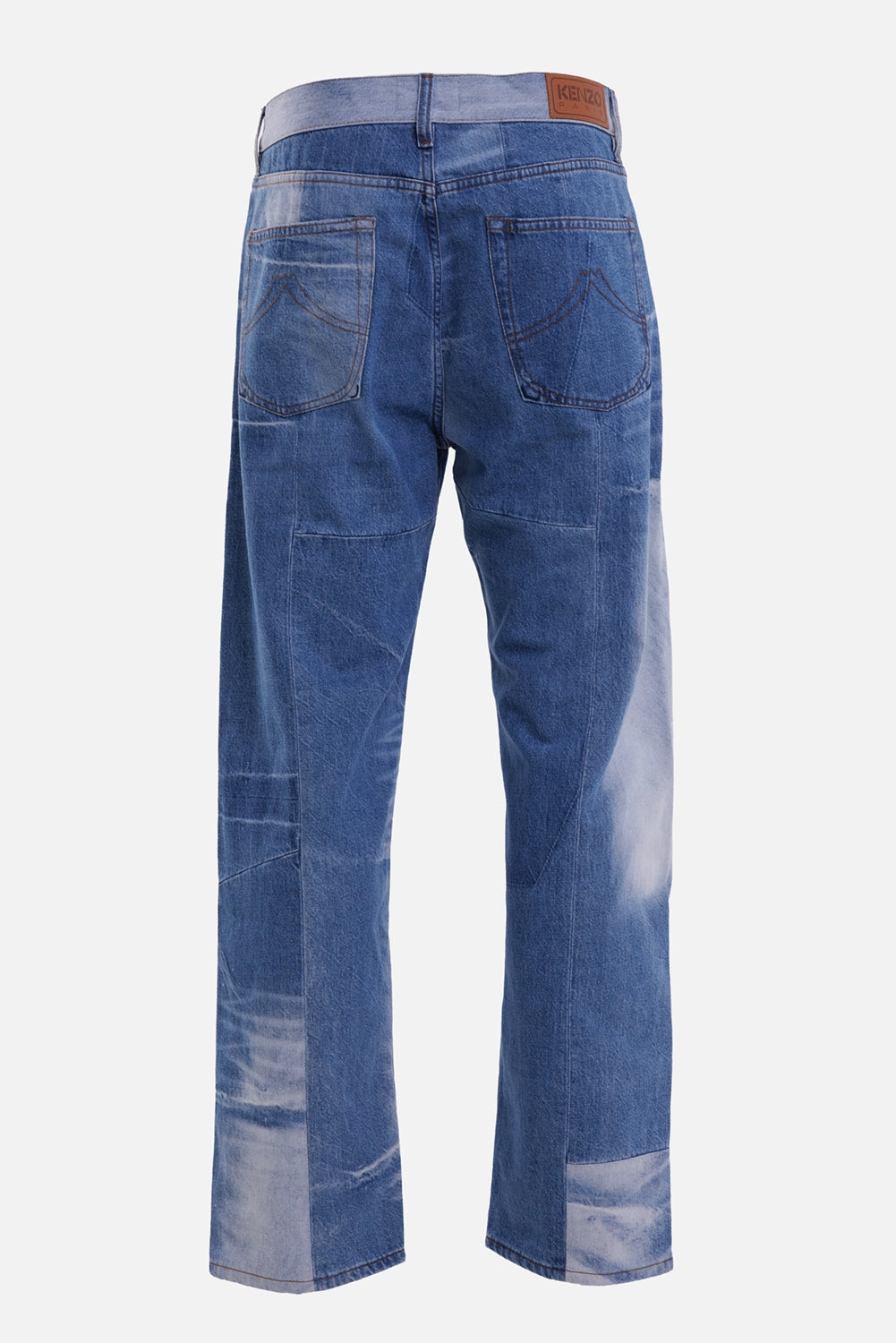 KENZO men's patchwork jeans in Stone Bleached Blue, back view with Mount Fuji pocket stitching and leather logo patch