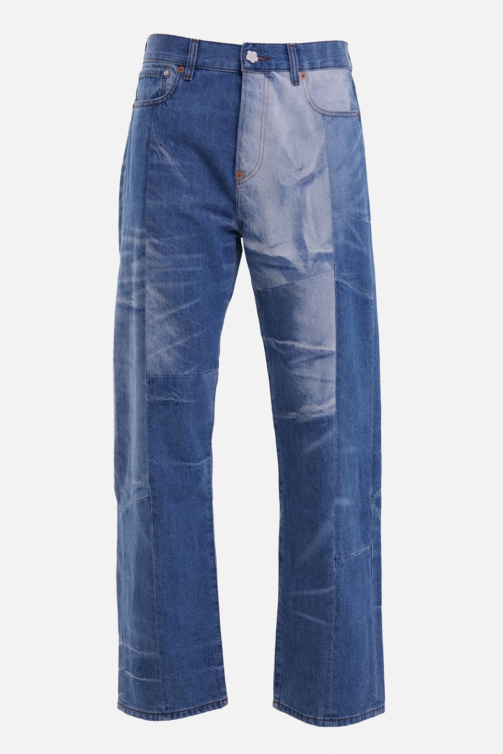 KENZO men's patchwork jeans in Stone Bleached Blue, front view with contrasting washed panels and five-pocket styling