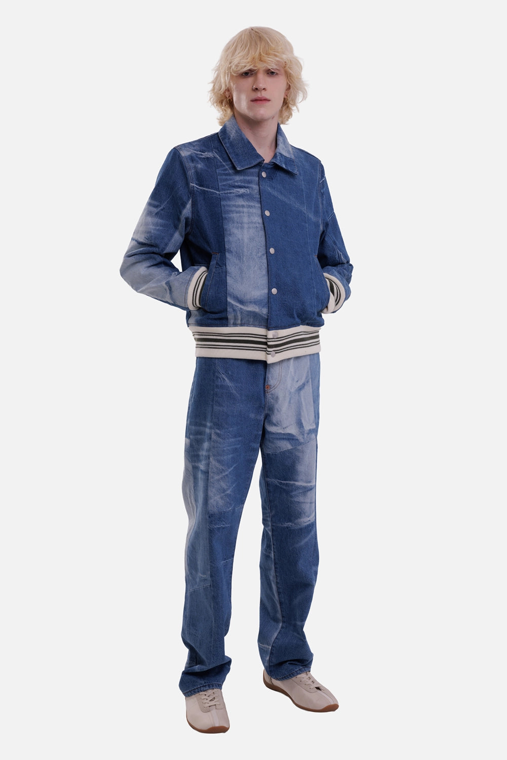 KENZO men's patchwork jeans in Stone Bleached Blue, full-length model view with straight legs and matching denim jacket