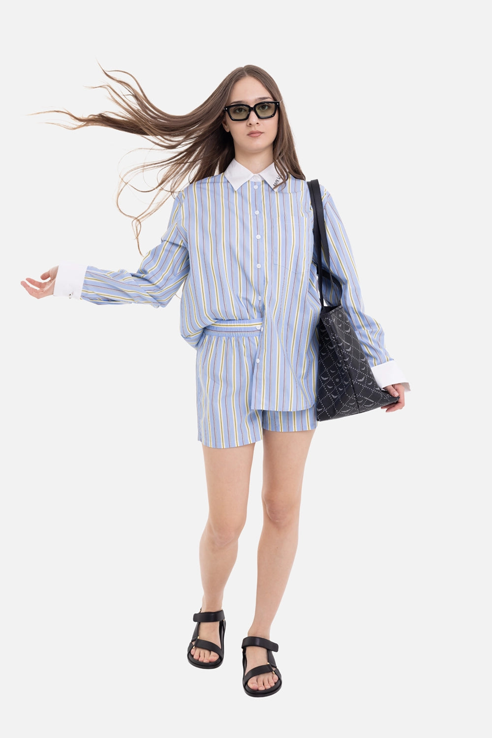 Zadig&Voltaire women's Pax shorts in Sixtine, on-model full-length with matching striped shirt