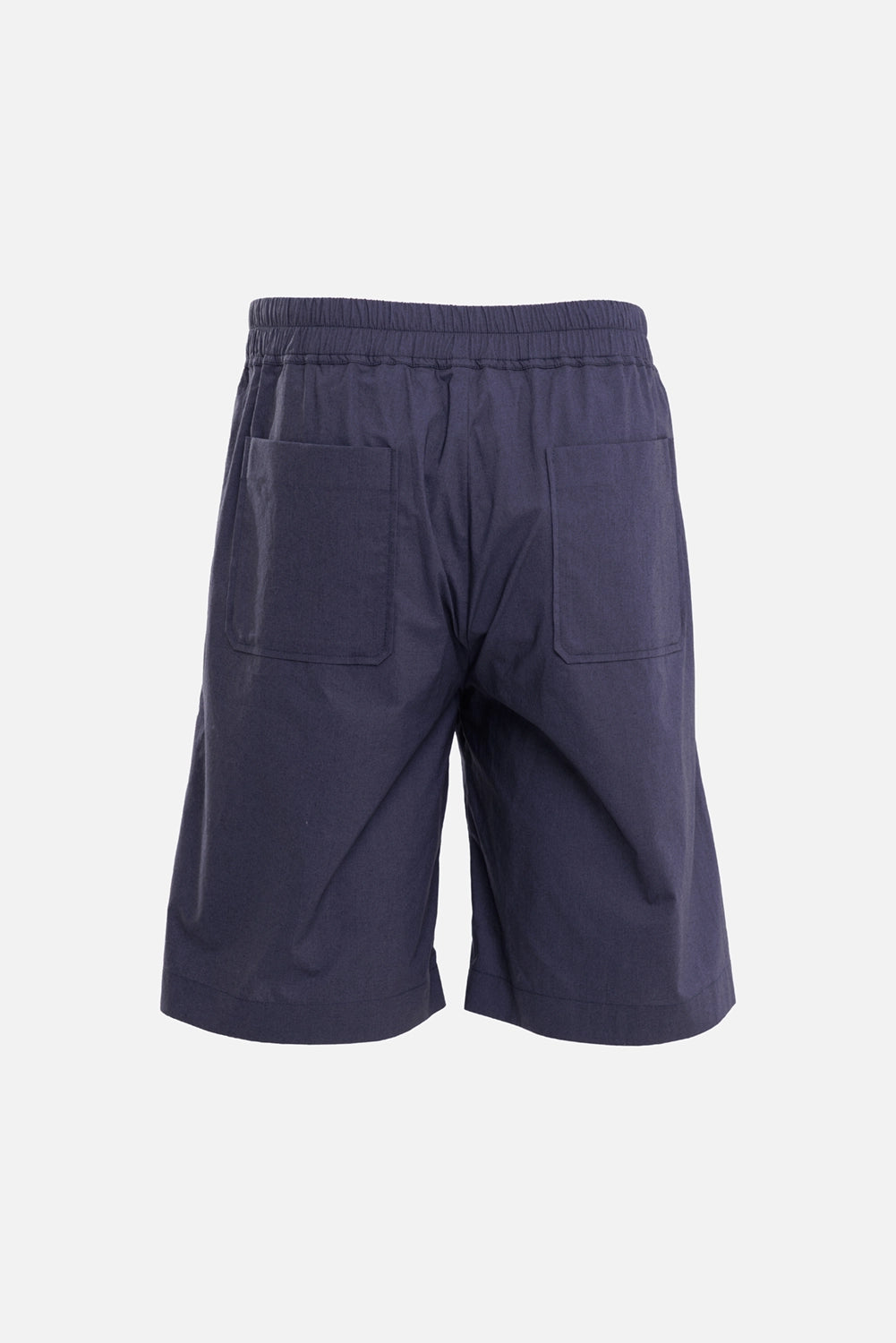 AION men's Bermuda shorts in blue, back view, elastic waistband and two square patch pockets